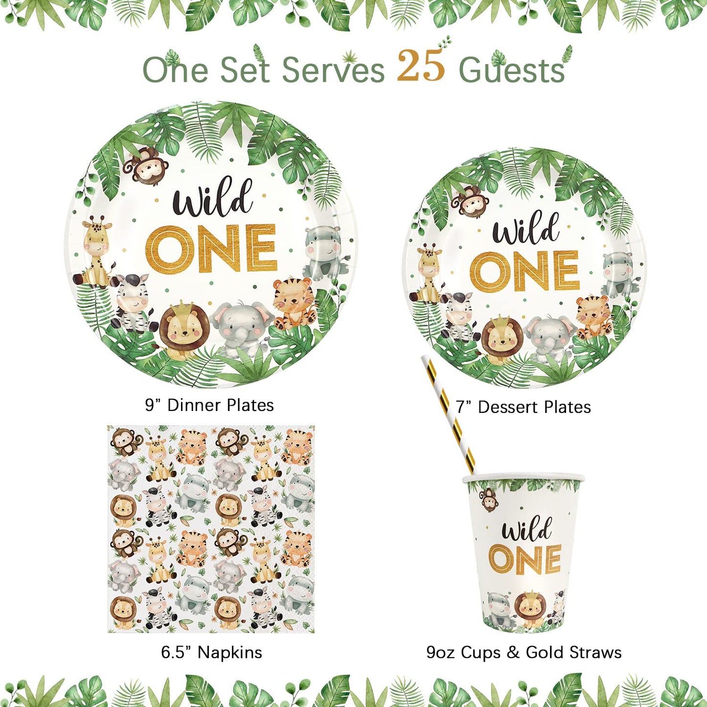 Heboland Wild One Birthday Decorations Plates Set for 25 Guests, Safari Jungle Theme Plates and Cups and Napkins Straws Sets Boy