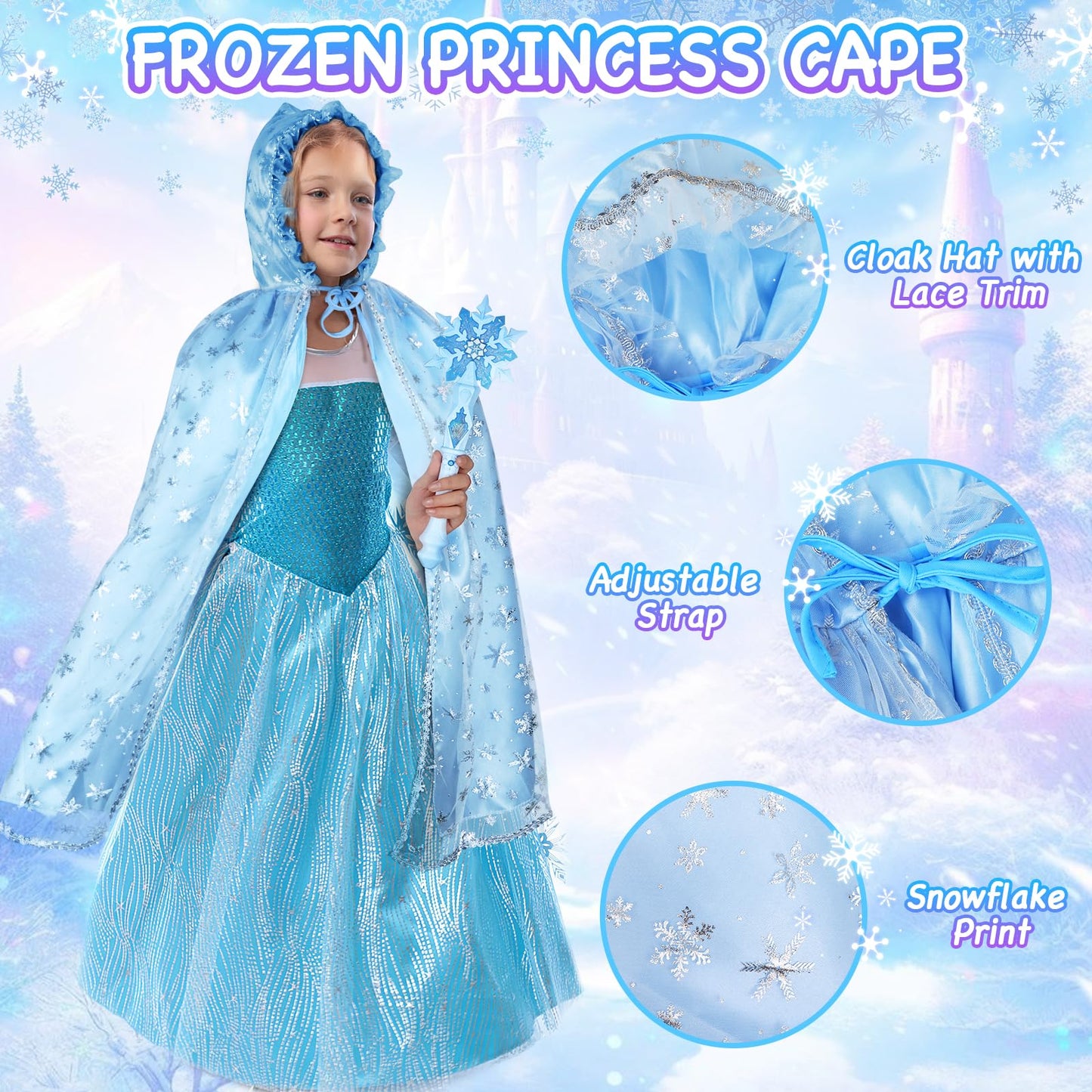 Ayrvocy Elsa Princess Dress Up Set With Frozen Toys For Girls - Includes Snowflake Wand, Real Makeup Kit, Elsa Cape, Wig, Mask,