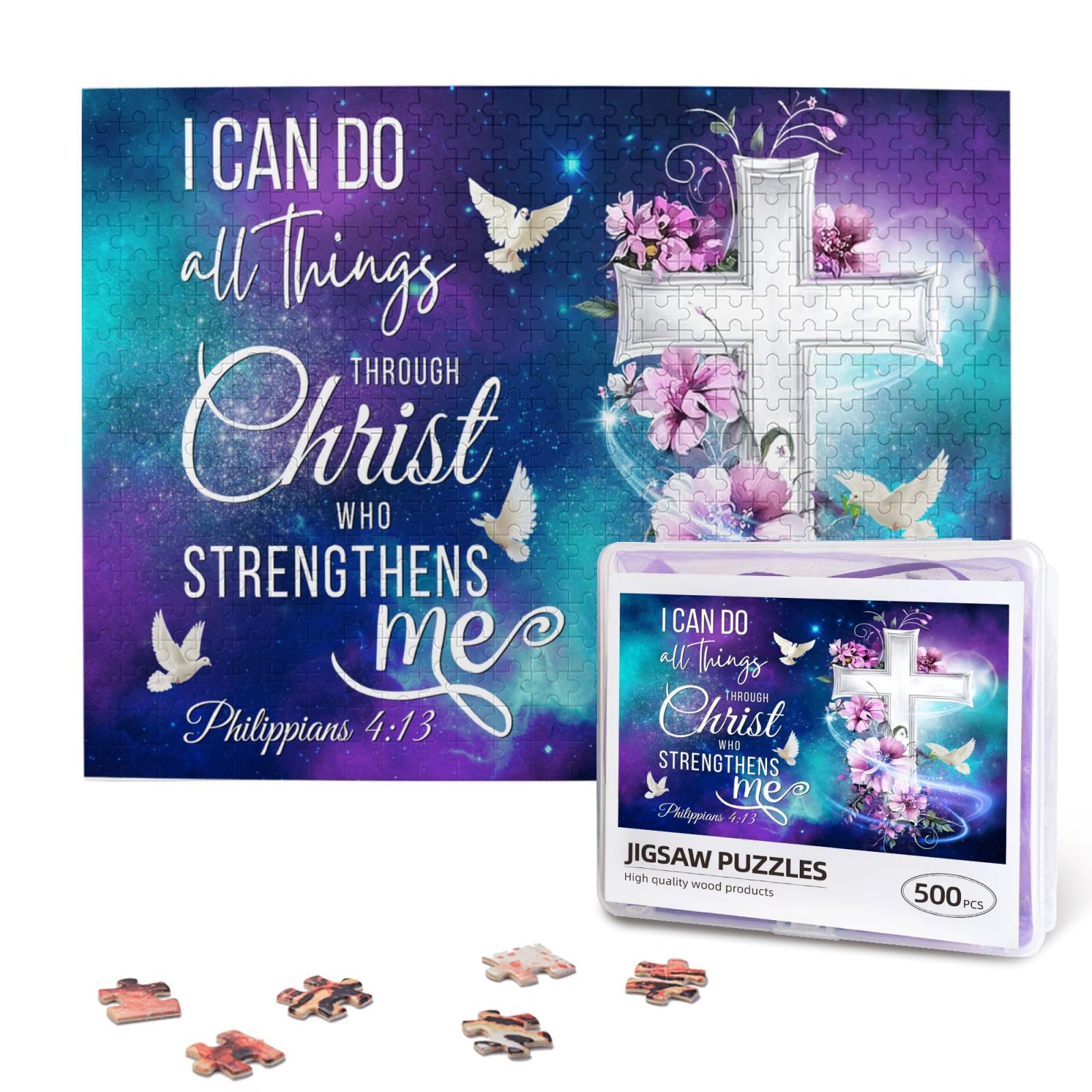 Christian Jigsaw Puzzles 500 Pieces for Adults, Shining Cross & Philippians 4:13 Bible Verse, Uplifting Religious Wooden Puzzle,