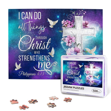 Christian Jigsaw Puzzles 500 Pieces for Adults, Shining Cross & Philippians 4:13 Bible Verse, Uplifting Religious Wooden Puzzle,