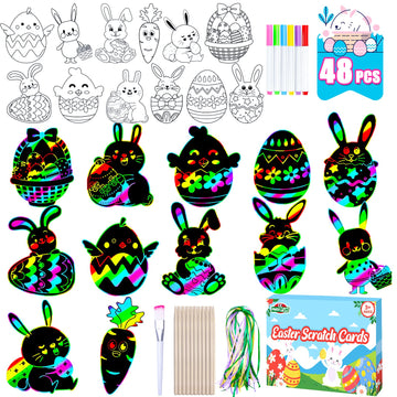 Max Fun Easter Crafts Kit Rainbow Color Scratch Paper Easter Ornaments (48 Counts)-Easter Craft Kit for Kids Easter Basket Stuff