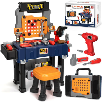 Kids Tool Bench with Electric Drill and Chair, Christmas Birthday Gift for Boys Girls Age 3,4,5+ Pretend Play Kids Tool Set, Tra