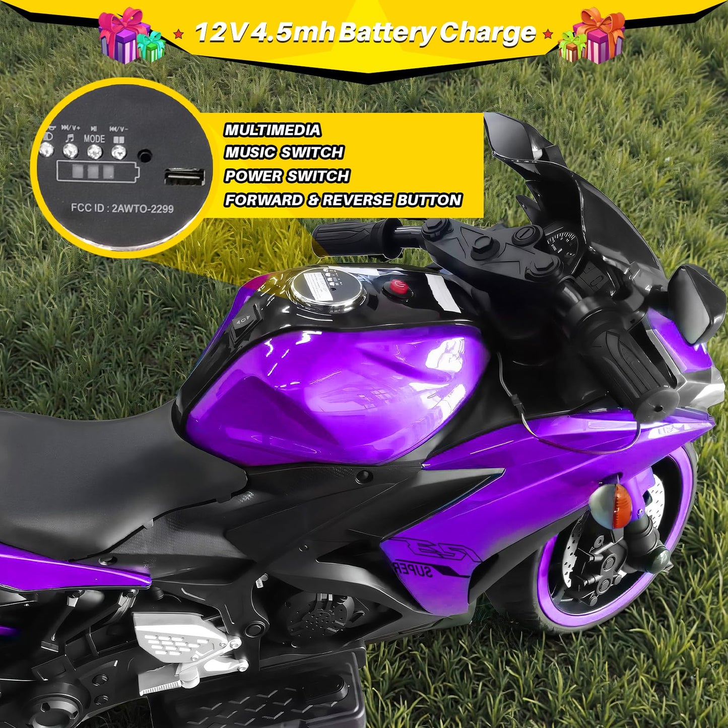 Blitzshark 12V Electric Motorcycle  Kids Motorcycle with Training Wheel  7AH Battery Ride On Motorbike For Kids 3.2 MPH Max Speed  Twist Grip Throttle  Brake Pedal  Soft Tires  Extra Long Seat  Purple
