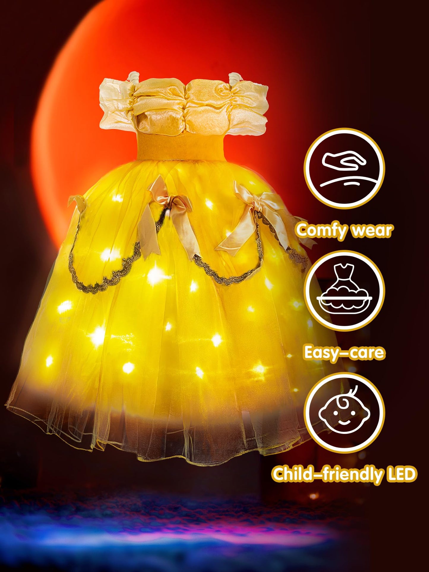Uporpor Light Up Princess Costume Belle Girls Halloween Dress Beauty Kids Outfit Dressing Up Clothes For Play Toddler Christmas