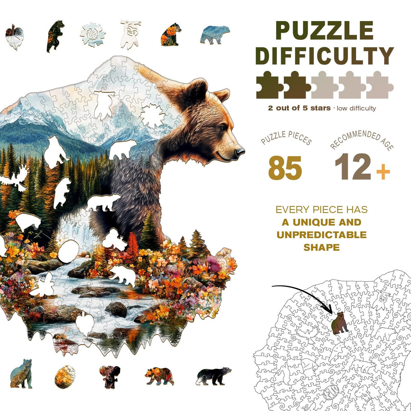 Wooden Puzzles for mature-themeds - Bear and Nature Wooden Jigsaw Puzzle - Unique Animal Shaped Wood Puzzles mature-themed - Christmas Birthday Gifts for mature-themeds/Friends/Family - 85pcs 8.4 * 8.5in