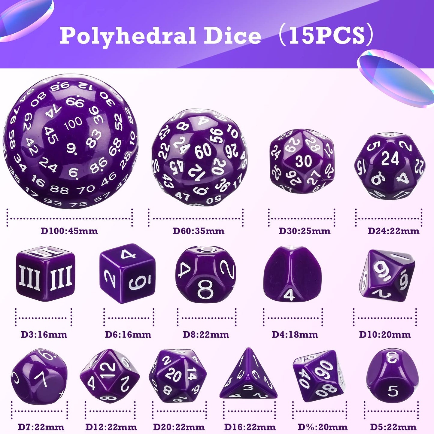 Civaner 15 Pcs Complete Polyhedral Dice Set D3-D100 Spherical RPG Dice Set in Opaque Black, 100 Sides for Role Playing Table Gam