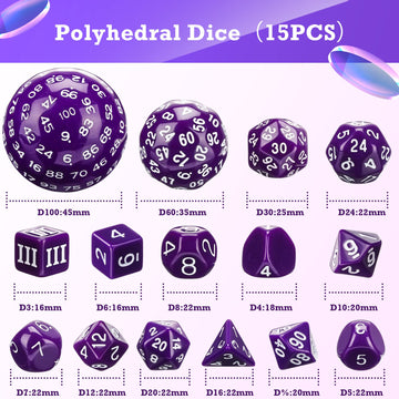 Civaner 15 Pcs Complete Polyhedral Dice Set D3-D100 Spherical RPG Dice Set in Opaque Black, 100 Sides for Role Playing Table Gam