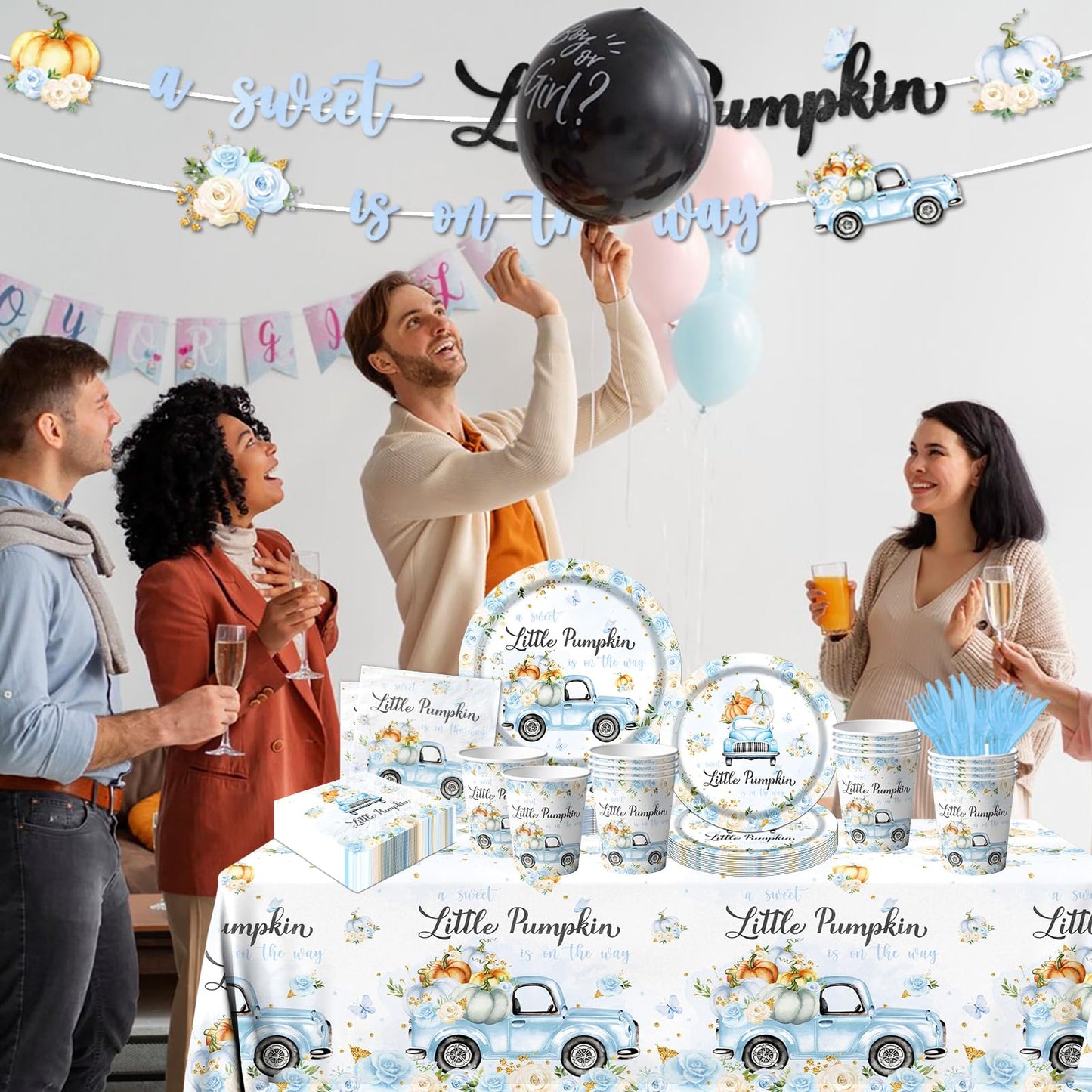 Little Pumpkin Baby Shower Decorations Tableware,142Pcs A Sweet Little Pumpkin Is On The Way Boy Blue Floral Truck Disposable Ta