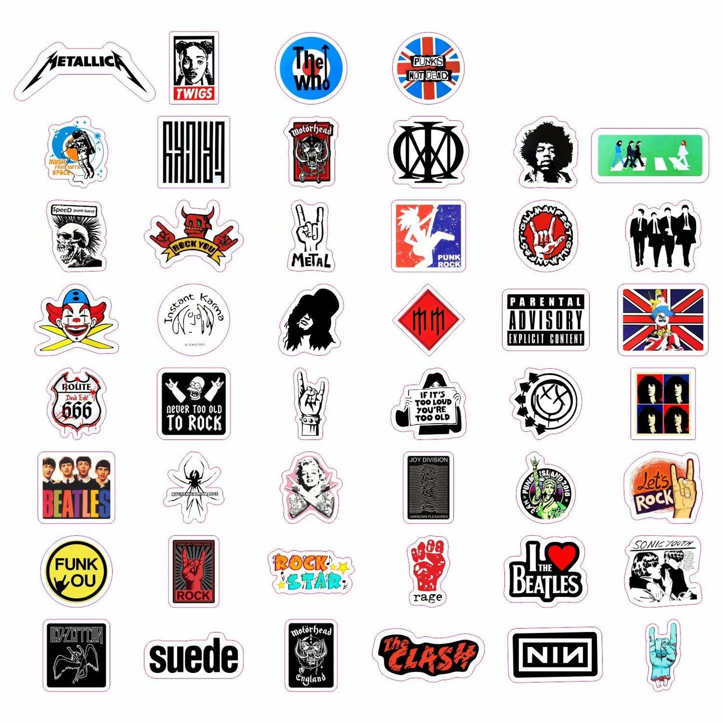BulbaCraft Classic Rock Stickers - Vinyl Decals for Water Bottles & Laptops, 60s-90s Rock Bands, White, Model 12
