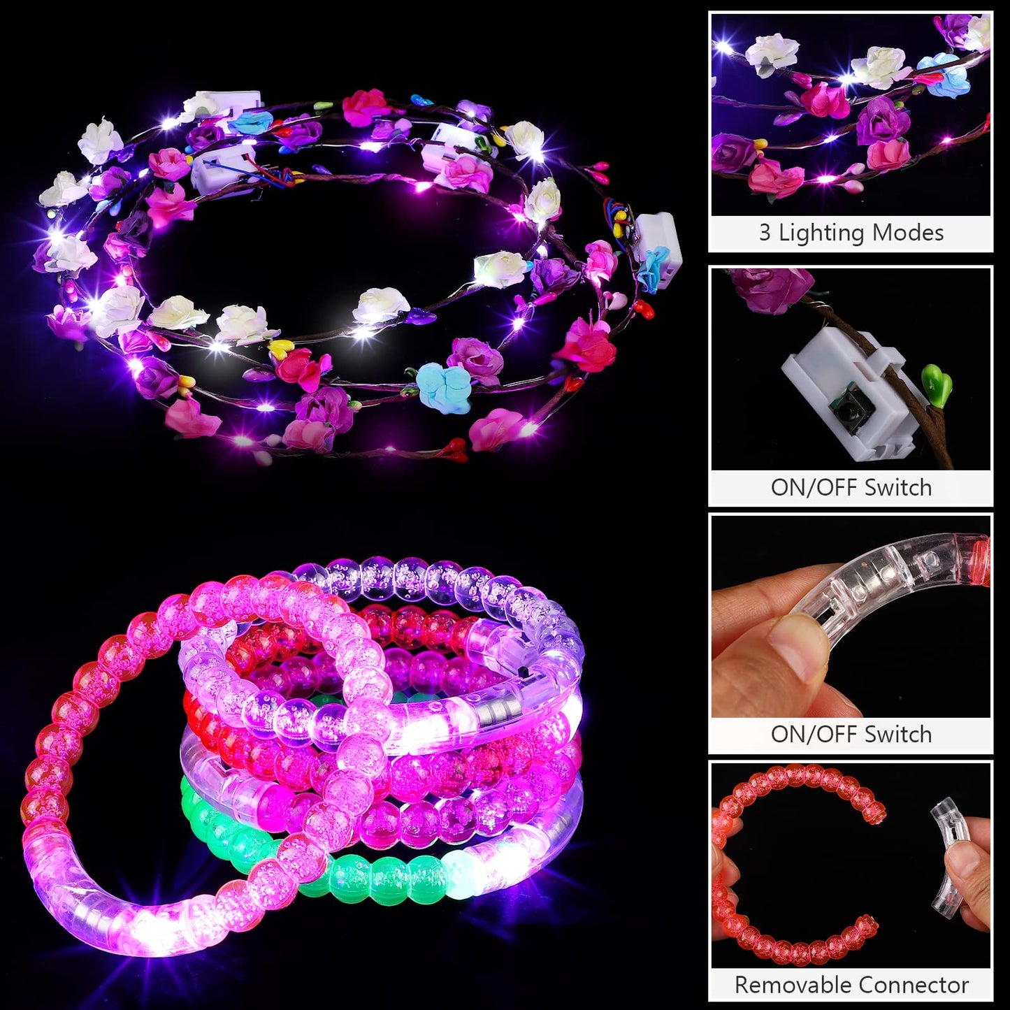 ADXCO 60 Pieces Glow in the Dark Party Supplies Neon Party Favor LED Light Up Party Favors with Flashing Glasses Flower Headband