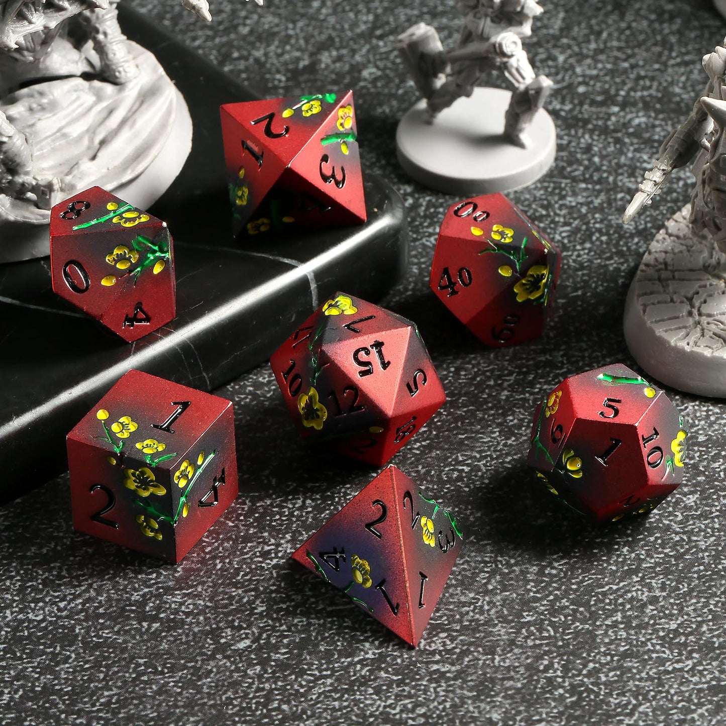 DNDND Metal Dice, 7 PCS Metallic Flowers D&D Dice with Gorgeous Gift Case for D&D Dungeons and Dragon Tabletop Game (Red and Yel
