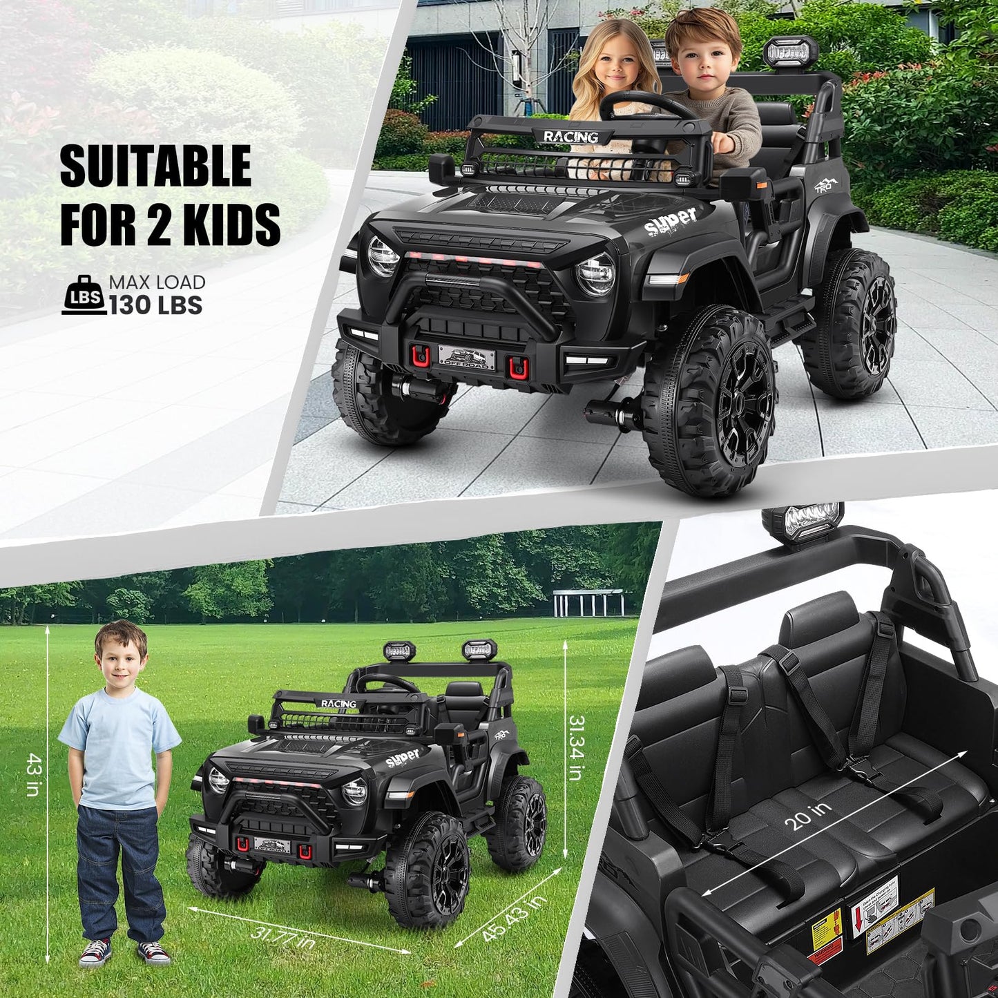Hikole 24V Kids Ride On Toys, Jeeps For Kids 2 Seat 4  4, With Remote Control, 9Ah Battery, 5Mph Max Speed, Bluetooth, 3 Speeds,
