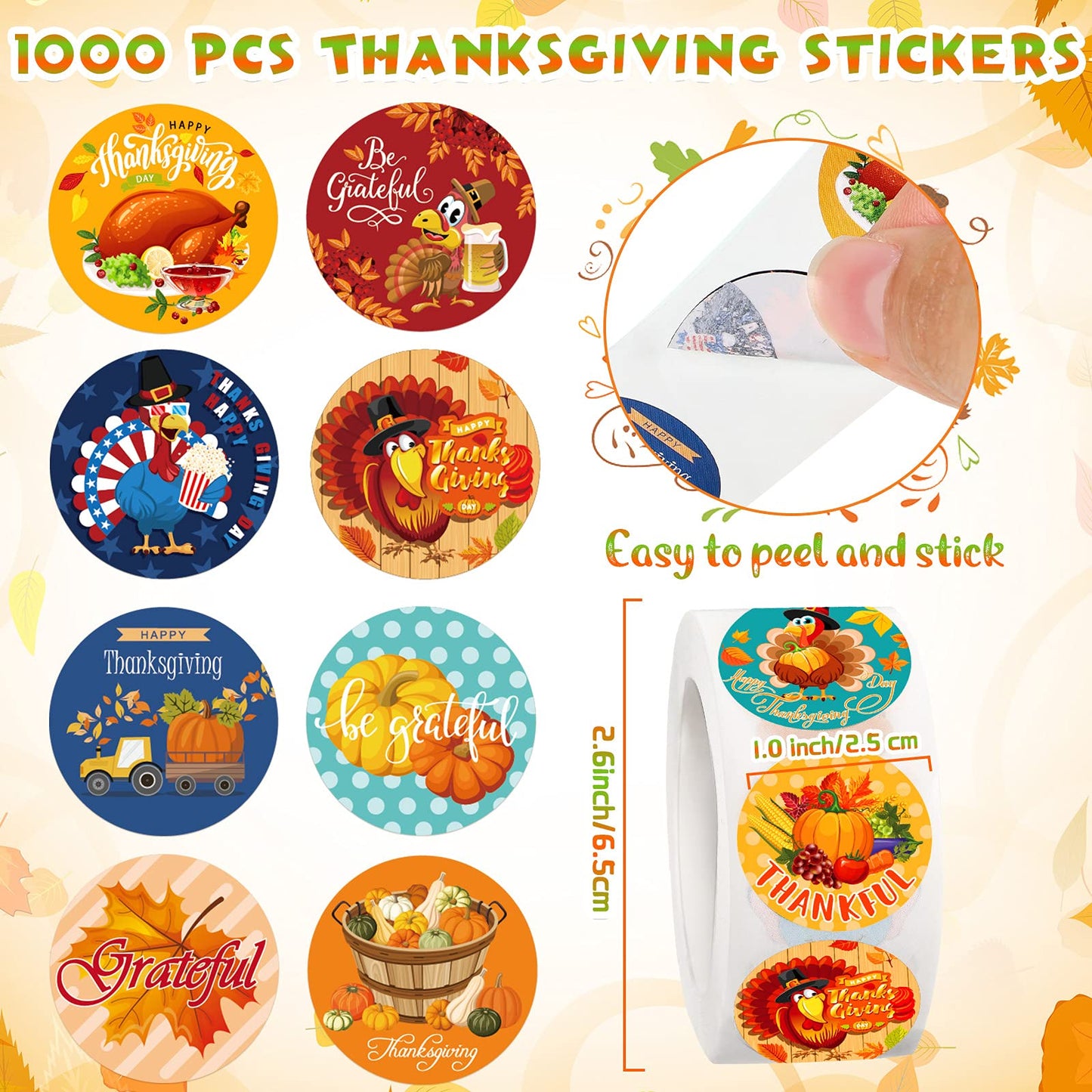 Zonon 1000 Pieces Thanksgiving Party Stickers Round Funny Turkey Label Stickers Pumpkin Maple Leaf Adhesive Decals Autumn Theme Seal Stickers For Thanksgiving Fall Party Decorations