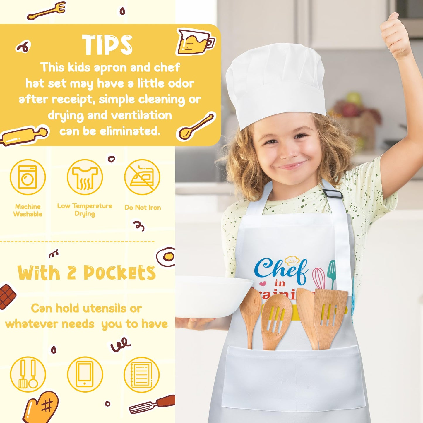 R HORSE Kid Apron and Chef Hat Set 2Pcs Adjustable Children White Kitchen Apron Dress up Role Play Chef Toy Kid Funny Cooking Gi