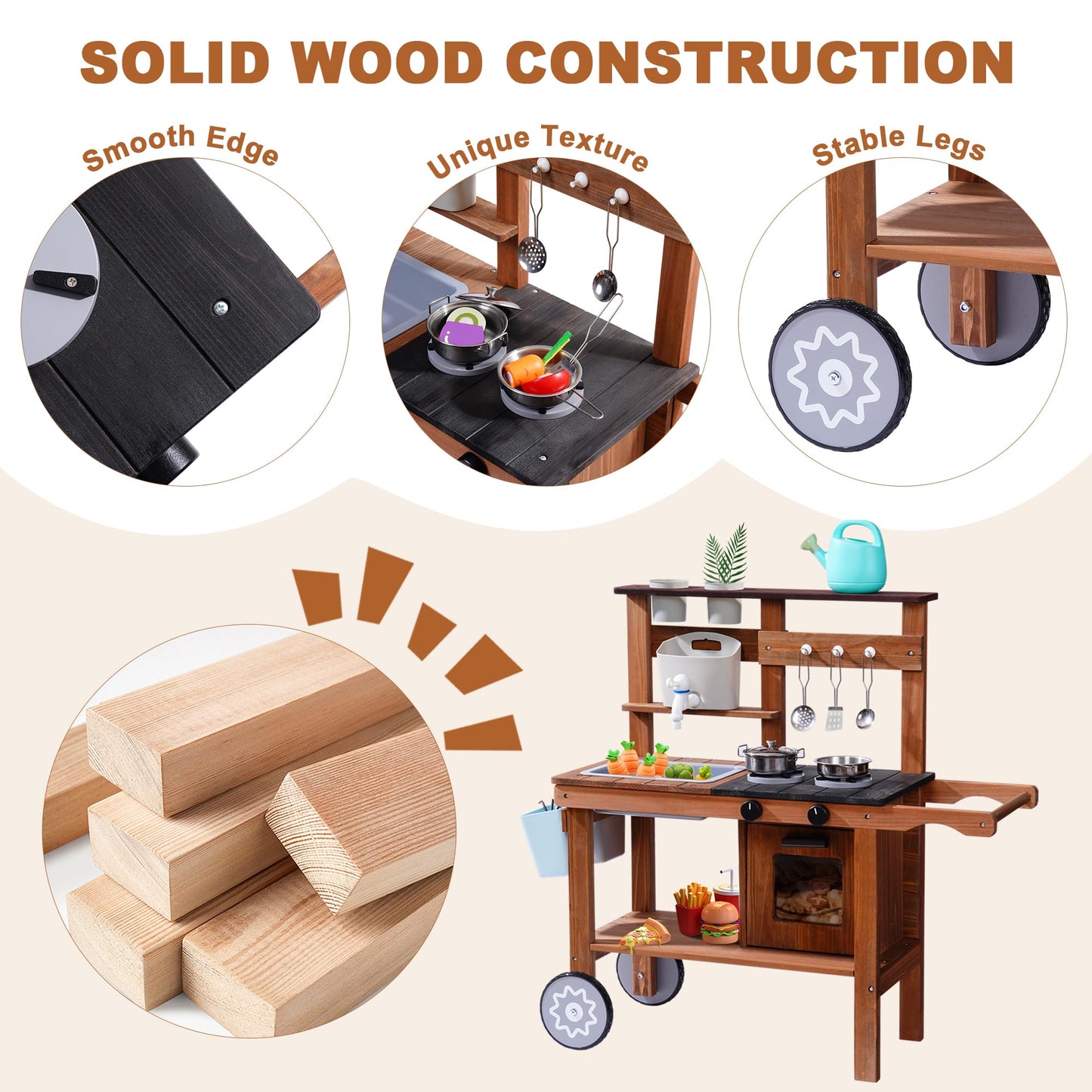 Robud Mud Kitchen For Kids Outdoor With Wheels, Wooden Outdoor Play Kitchen, Kids Mud Kitchen With Removable Sink & Faucet, Mont