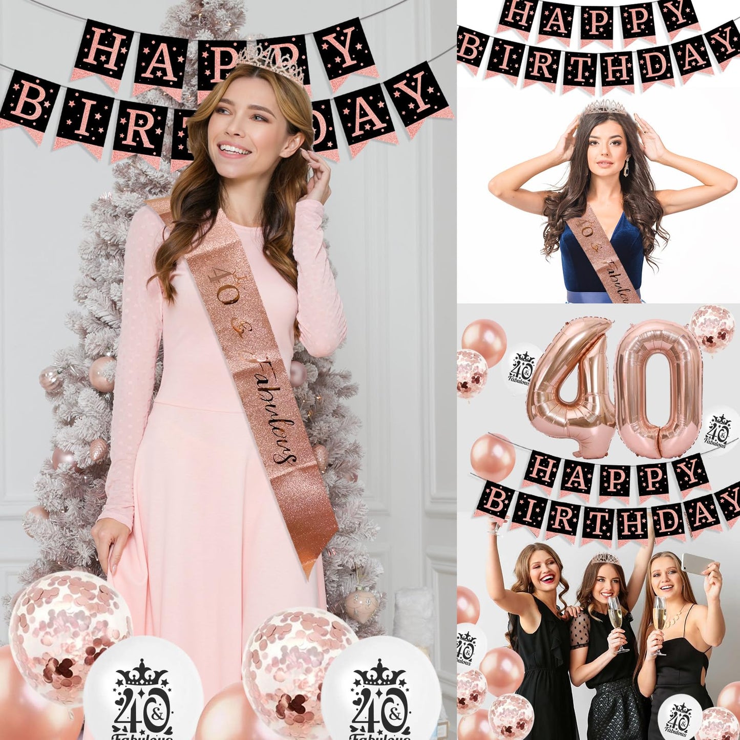 40Th Birthday Decorations For Women,Rose Gold Happy 40Th Birthday Party Decorations Woman Birthday Balloons 40 And Fabulous Sash