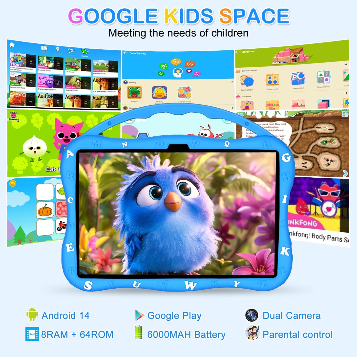 MengDash Kids Tablet, 10.1 inch Tablet for Kids 3-10, Educational Learning Toddler Tablet Android 14, 8GB RAM+64GB ROM Storage,