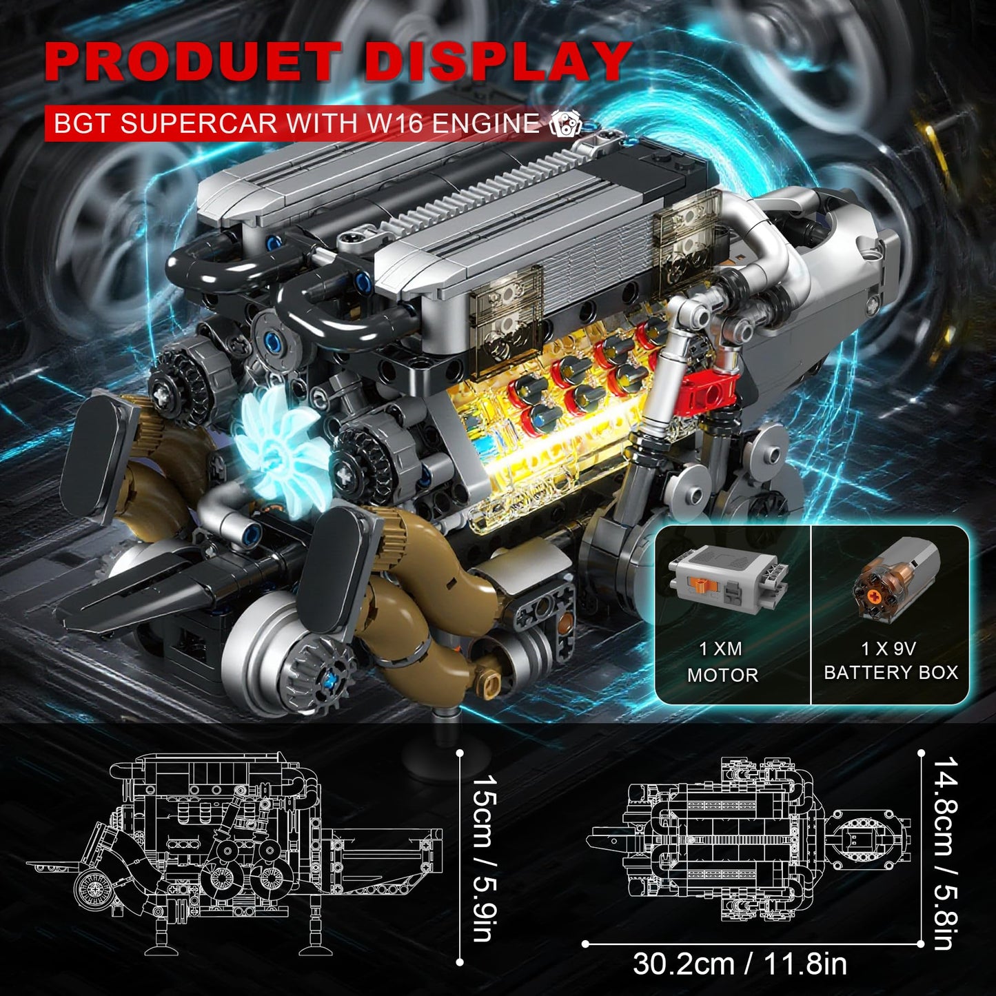 Sosuy W16 Motorized Model Engine Kit for mature-themed Men Teen  Electric Drive  Ultra-Realistic Working Replica  Home Set for Collection Fans  STEM Building Block Toy for Boy  Birthday Gift for 8+ Kid 952Pcs