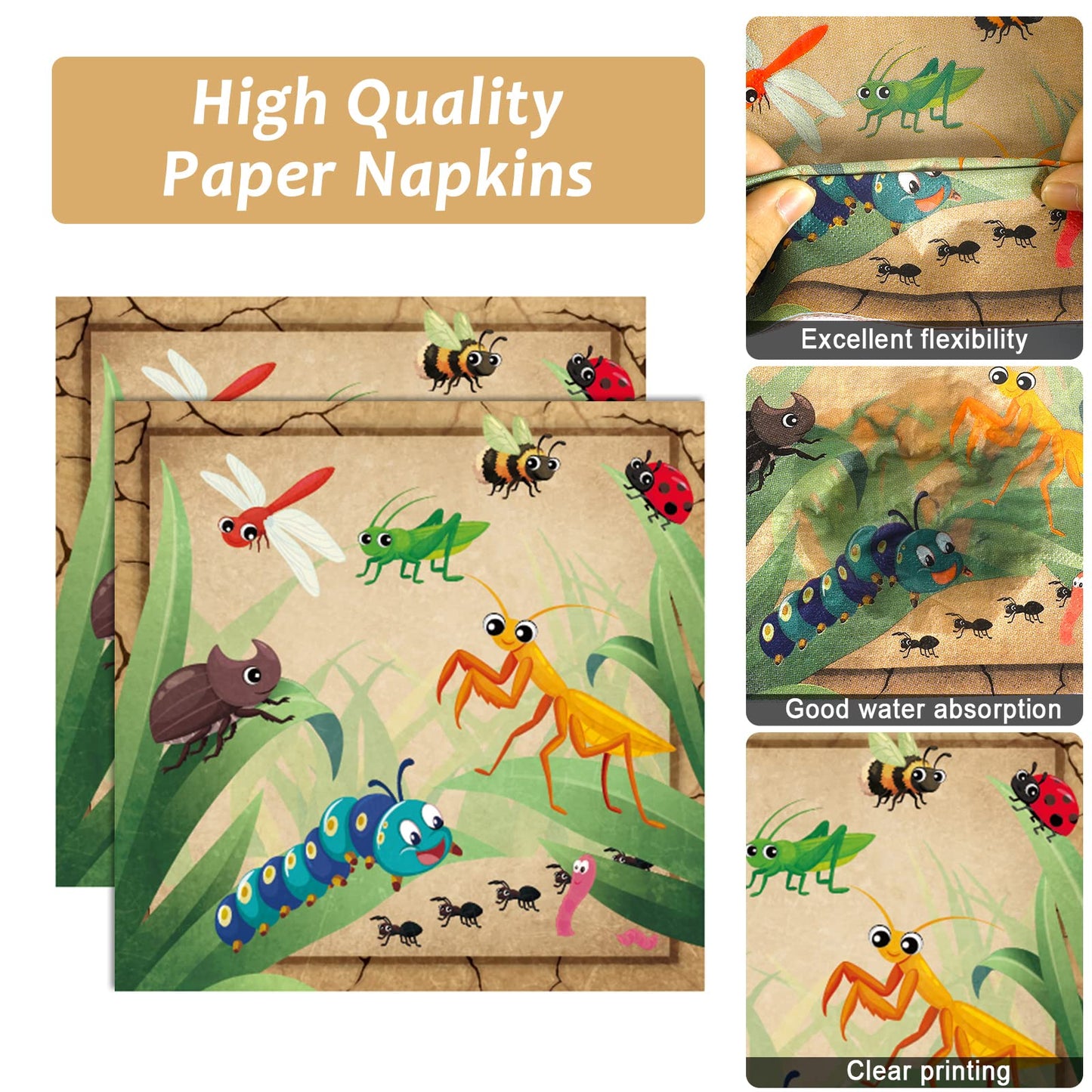 Qyeahkj 100 Pcs Bug Party Plates Napkins Supplies, Spring Summer Ladybugs Bee Reptile Birthday Party Tableware Set Insect Birthd