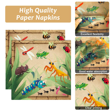 Qyeahkj 100 Pcs Bug Party Plates Napkins Supplies, Spring Summer Ladybugs Bee Reptile Birthday Party Tableware Set Insect Birthd