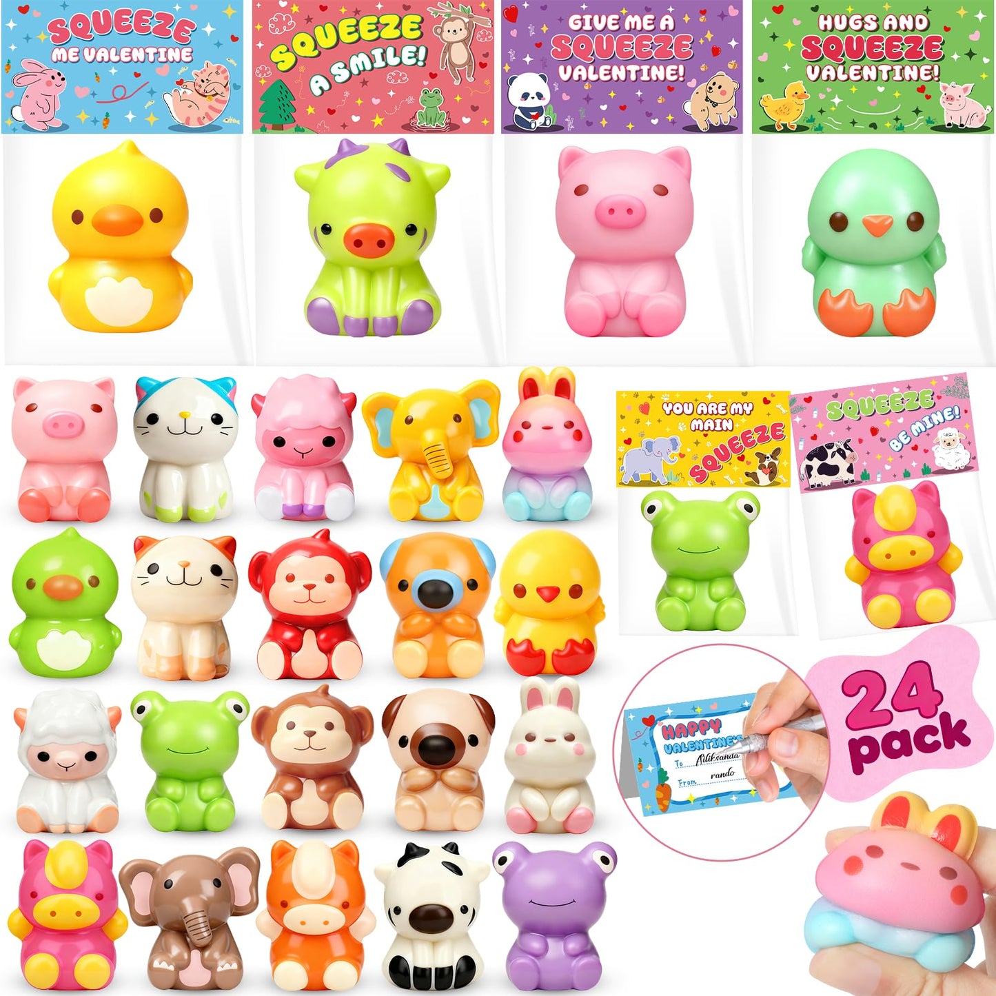 YEGEER Valentines Day Cards for Kids School - 24 Pack Valentines Day Gifts, Slow Rising Animal Squeeze Toys for Classroom Exchan