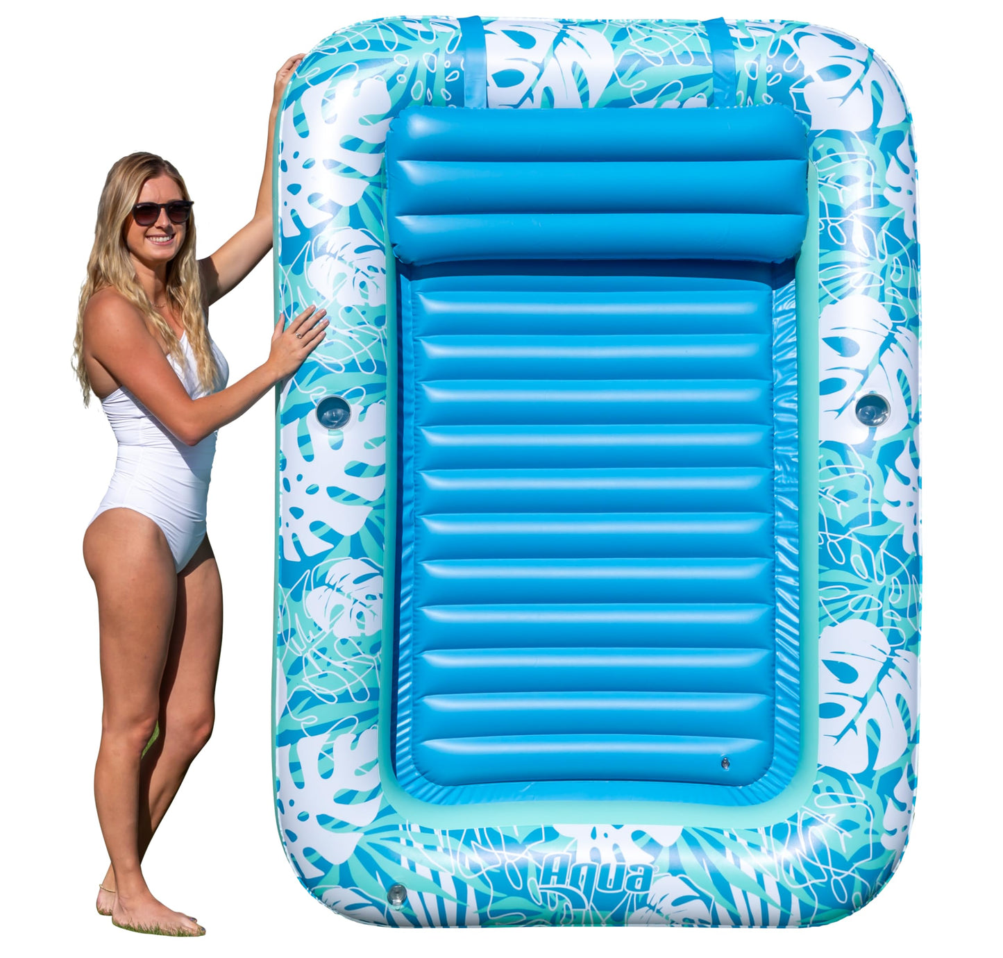 Aqua Inflatable Tanning Pool Lounger - Extra Large (80 x 56 in) - enhanced Pool Float with Cupholders and Removeable Pillow for Relaxation and Fun  Teal Palms Pattern