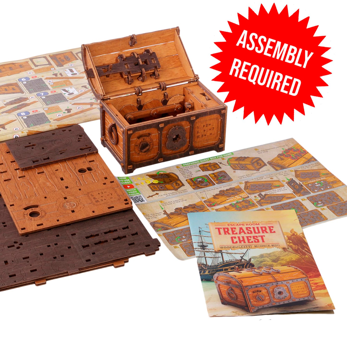WOODEN.CITY Treasure Chest Escape Room Puzzle Box - 3D Wooden Mechanical Clue Box for Adults - Birch Plywood - Model WR355
