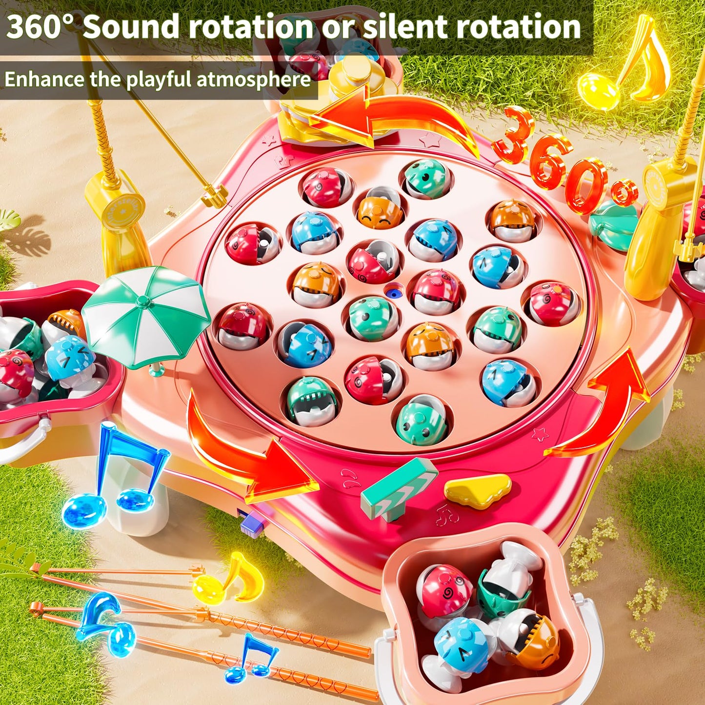Niplooow Magnetic Fishing Game Toys, Rotating Board Game With Music Including 48 Fishes And 8 Fishing Poles, Party Game Toys For