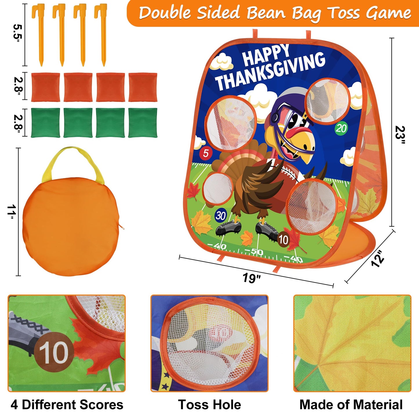Thanksgiving Bean Bag Toss Games For Kids, Football Turkey Double-Sided Collapsible Cornhole Board Thanksgiving Games Toys For B