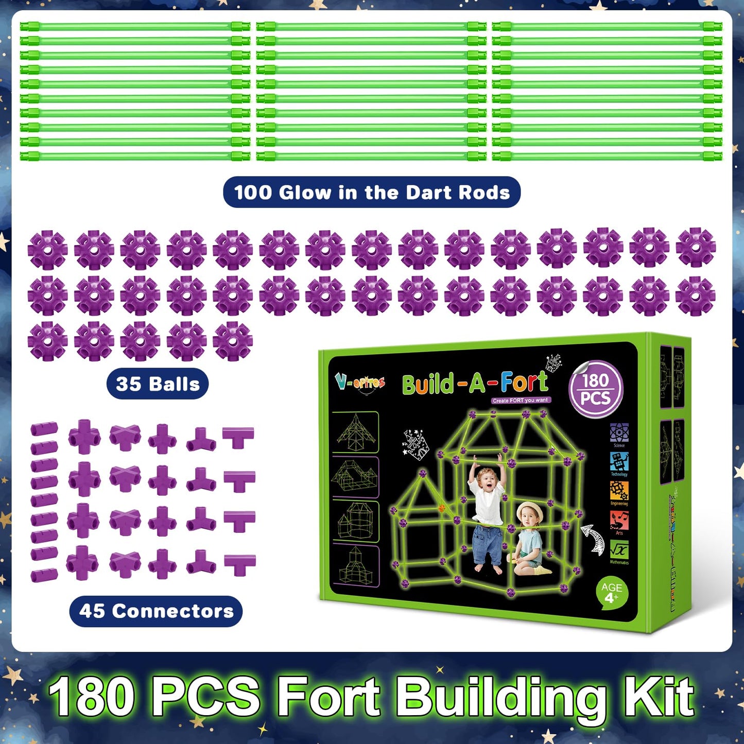 V-Opitos 180 Pack Glow In The Dart Fort Building Kits For Kids Age 4, 5, 6, 7, 8+ Years Old, Stem Building Toys For Diy Castles, Tunnels, Ideal Christmas, Birthday Gifts For Boys & Girls