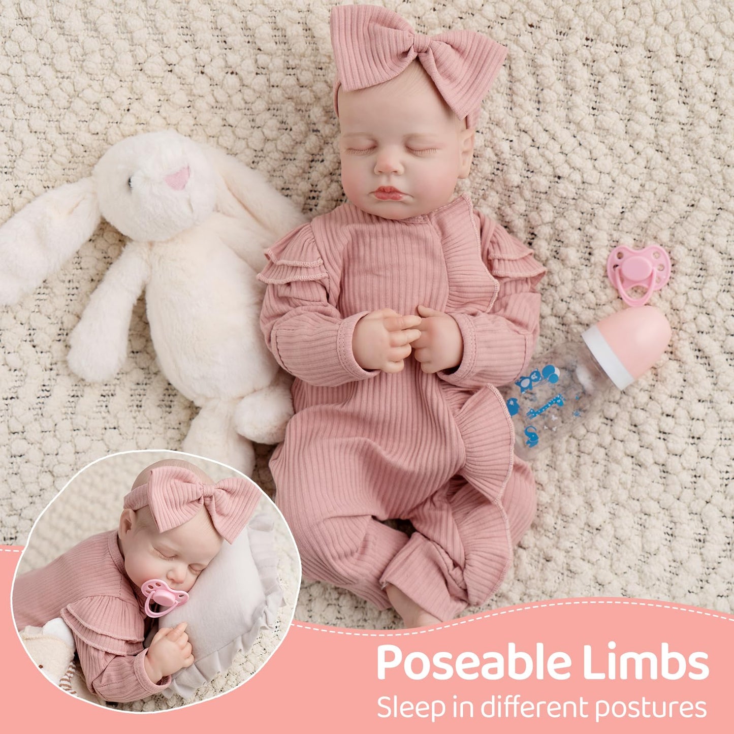 Jirachi Realistic Reborn Baby Dolls, Sleeping Real Life Soft Body Baby Girl, 18 Inch Lifelike Reborn Baby With Pink Clothing Set For Kids 3+