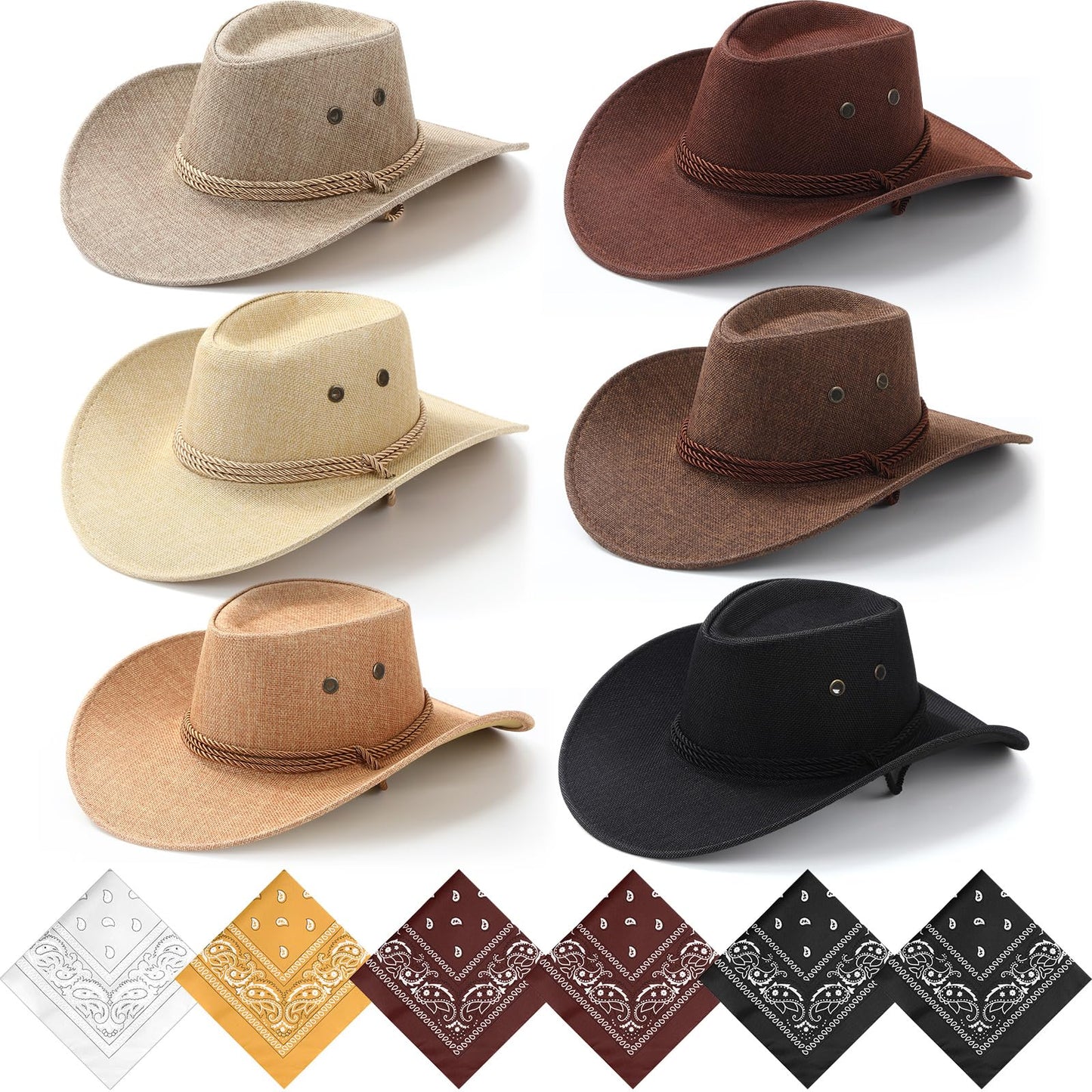 Zhanmai 12 Pcs Cowboy Hat and Bandana Cowboy Cowgirl Hats Bulk Western Party Costume Halloween Accessory (Brown Series,Hamp)