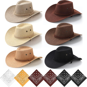 Zhanmai 12 Pcs Cowboy Hat and Bandana Cowboy Cowgirl Hats Bulk Western Party Costume Halloween Accessory (Brown Series,Hamp)