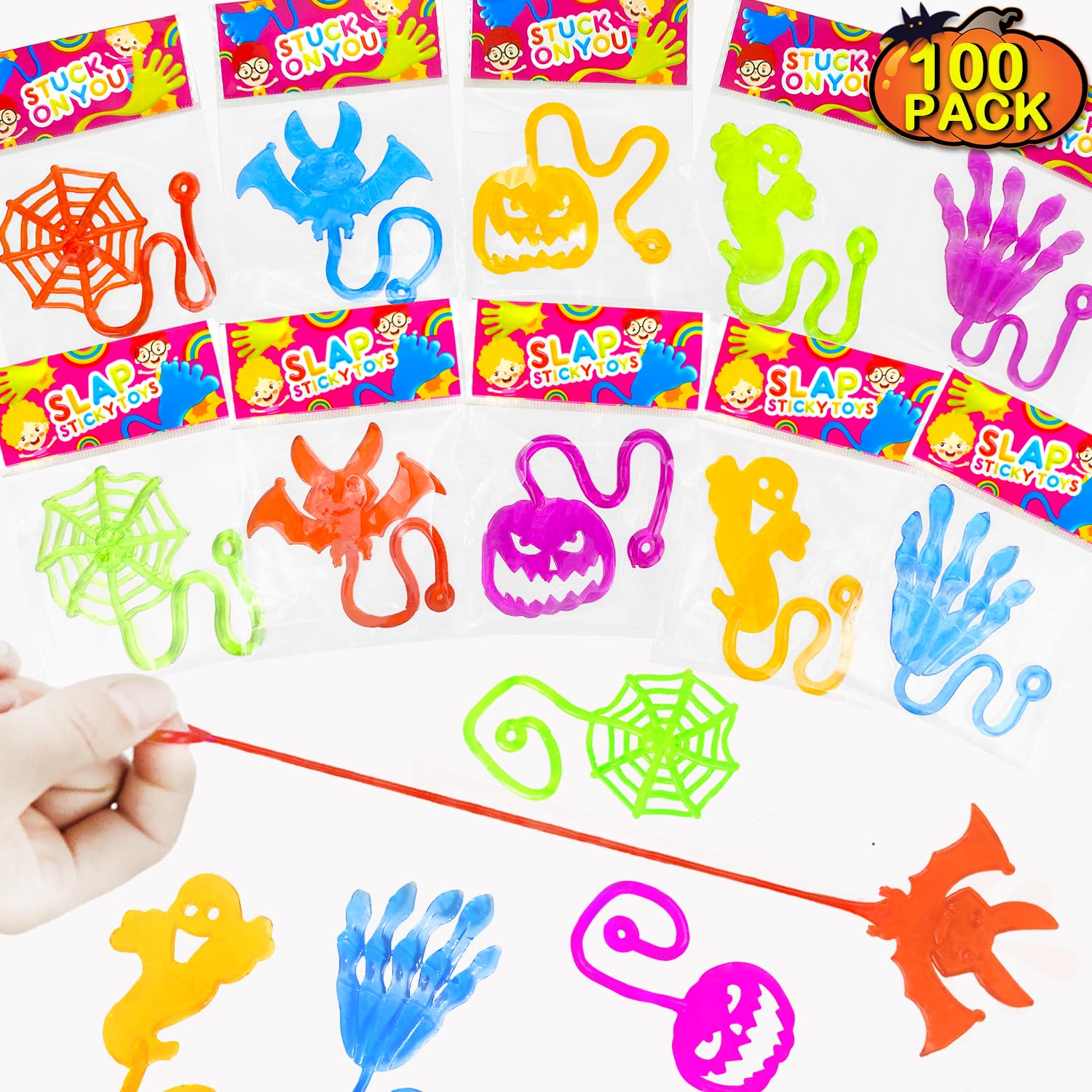 100 PCS Halloween Handouts Giveaways for Kids Bulk, Sticky Hands Party Favors Goodie Bag Stuffers for Toddlers,Boo Basket Bucket