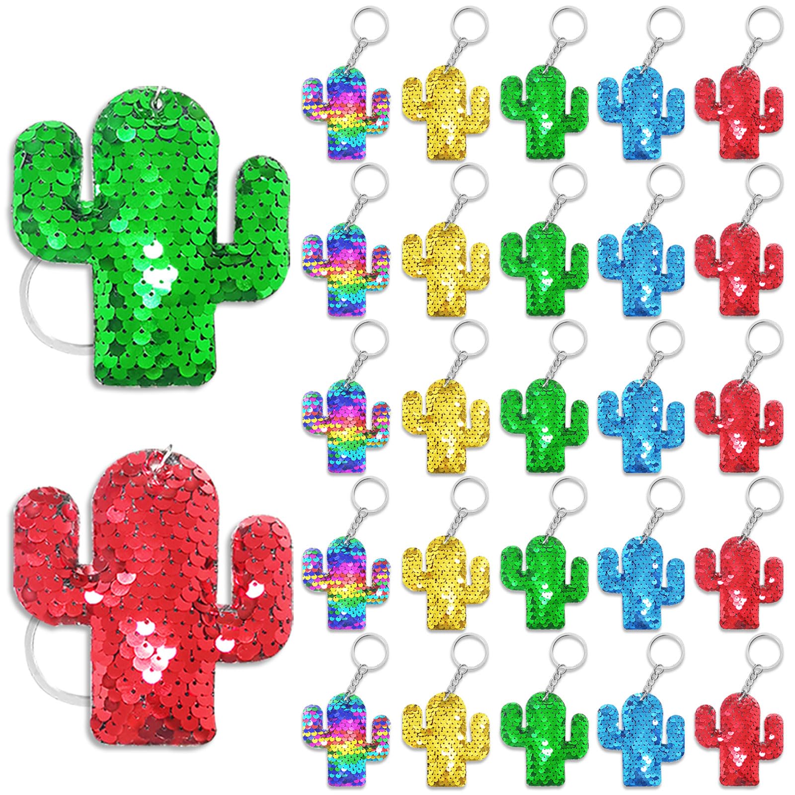 CiciBear 25 Pack Cactus Sequin Keychains for Cactus Mexican Fiesta Tropical Hawaiian Summer Themed Party Favors, Kids and Adults