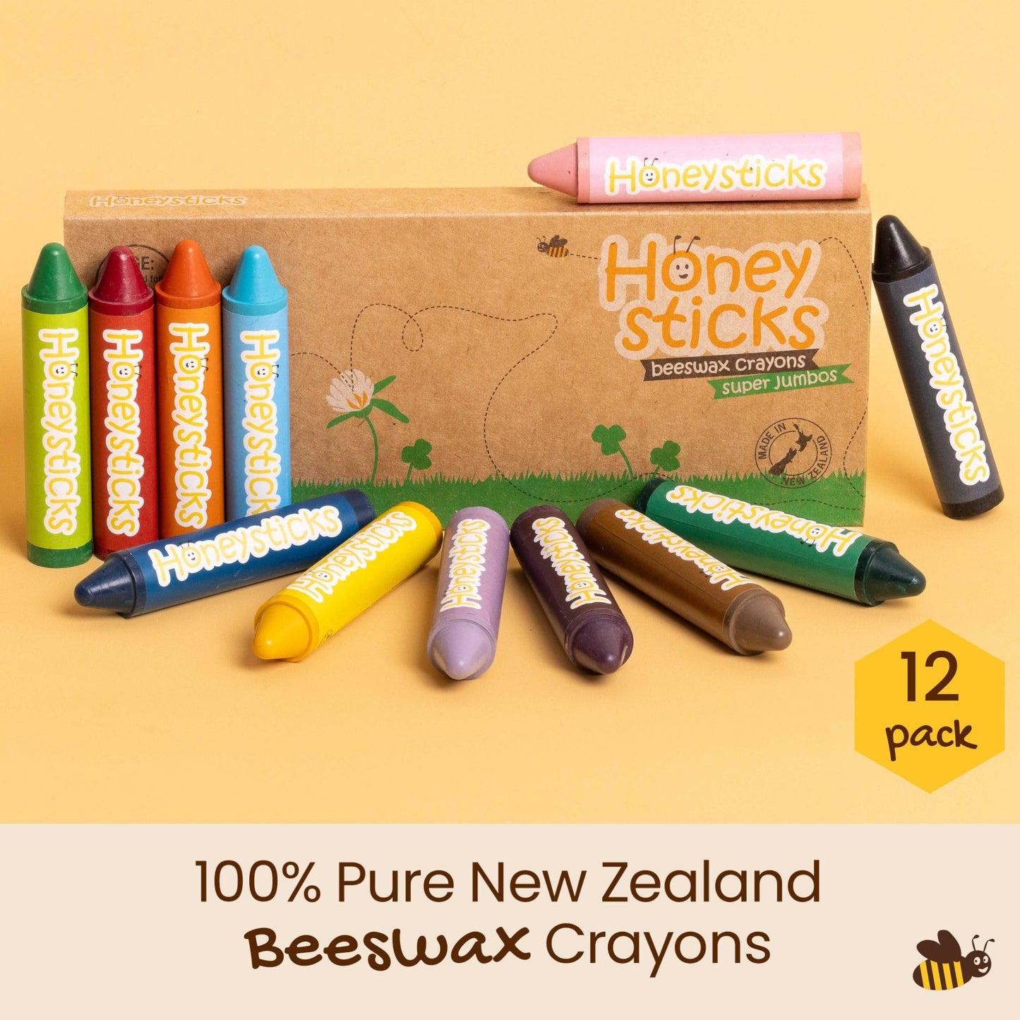 Honeysticks Super Jumbo Crayons (12 Pack) - Non Toxic Crayons for Kids - 100% Pure Beeswax and Food Grade Colors - For Toddlers