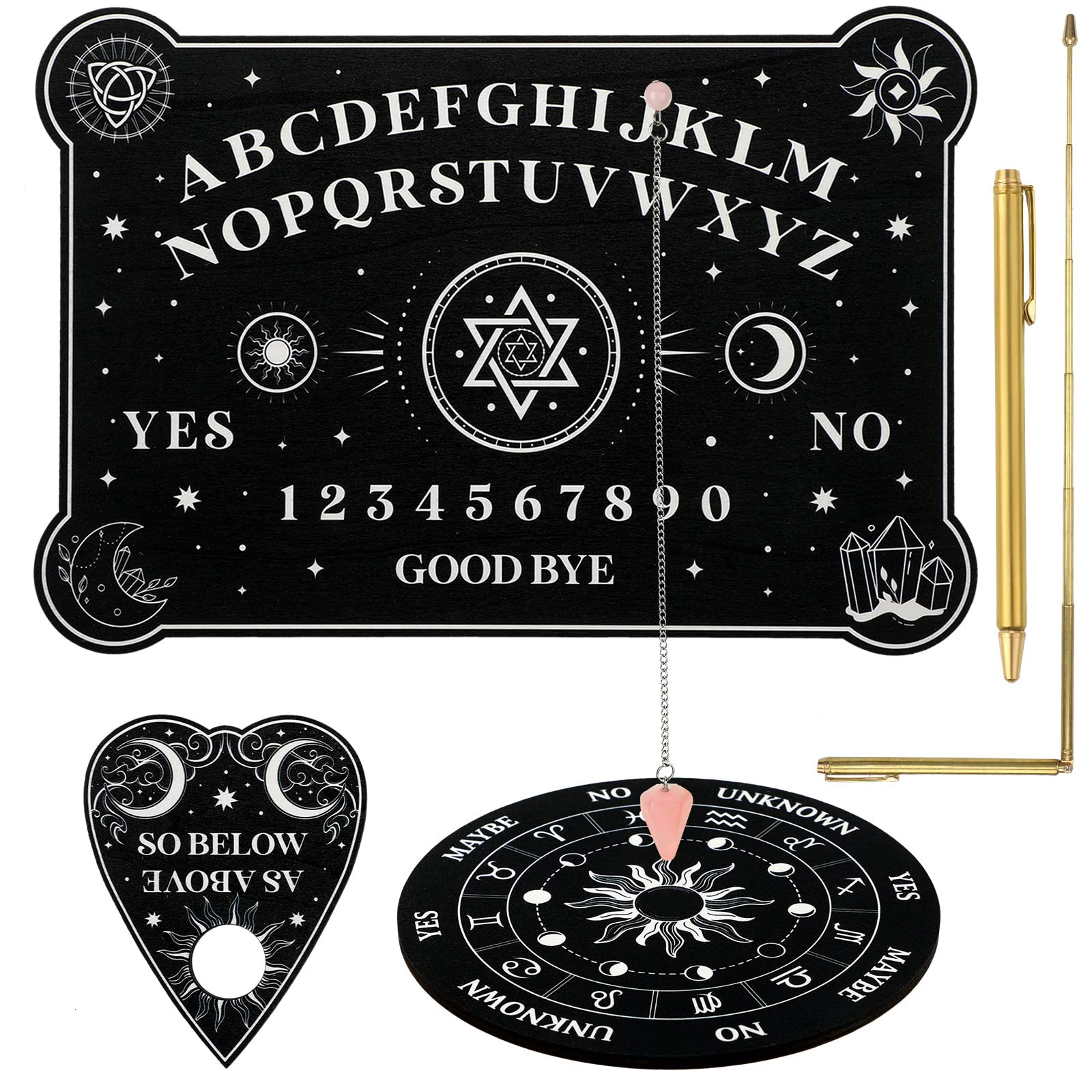 Pendulum Board Dowsing Kit with 3 Pcs Wooden Spirit Talking Board,1 Metaphysical Message Crystal Pendulum Necklace,2 Pcs Retract