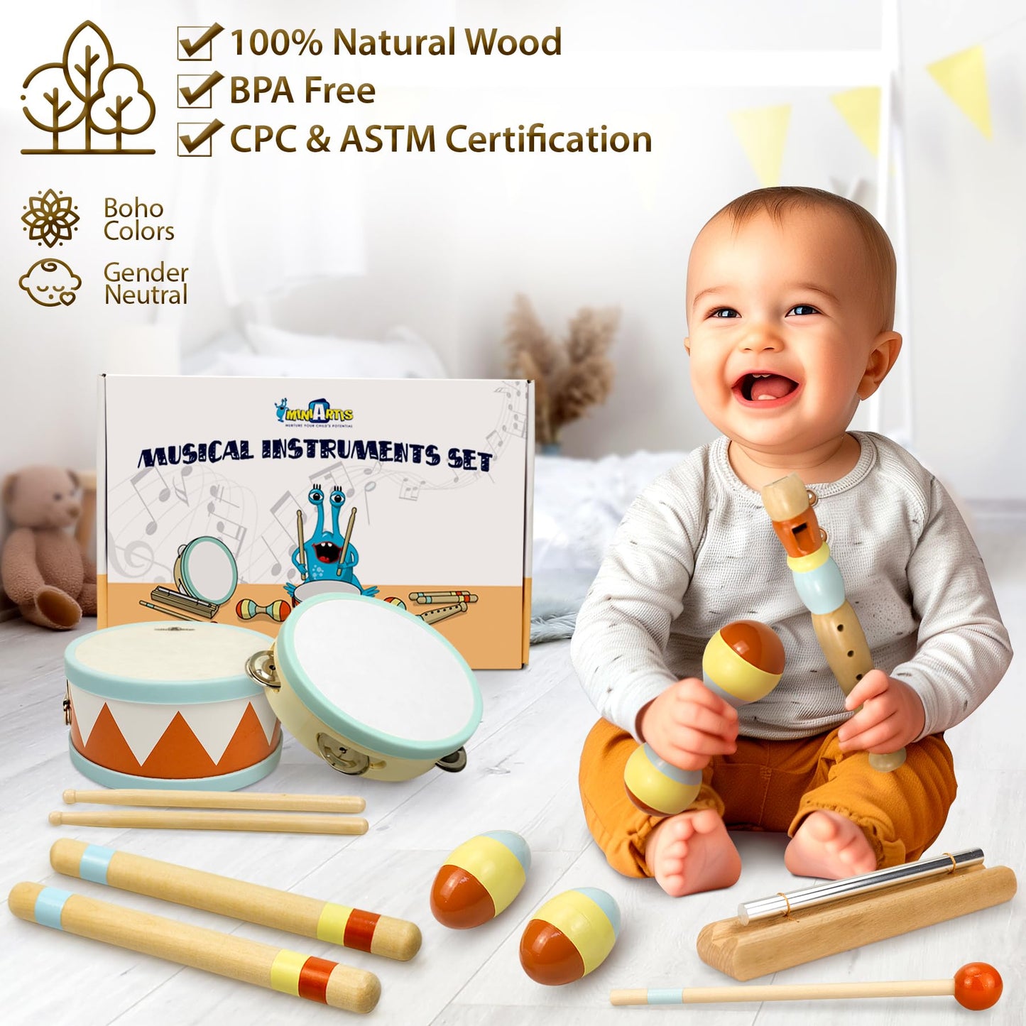 Miniartis Toddler Musical Instruments - Montessori Musical Toys For Toddlers 1-3 | Modern Boho Baby Drum Set With Neutral Colors