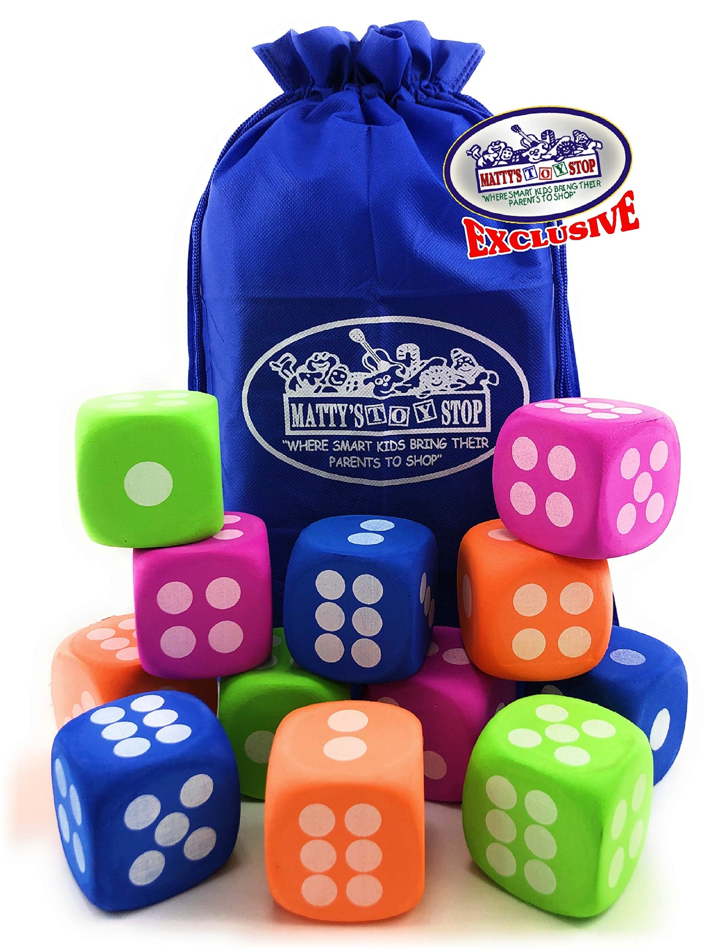 Deluxe Large 2.25 EVA Foam Dice (Pack of 12) with Bonus Mattys Toy Stop Storage Bag