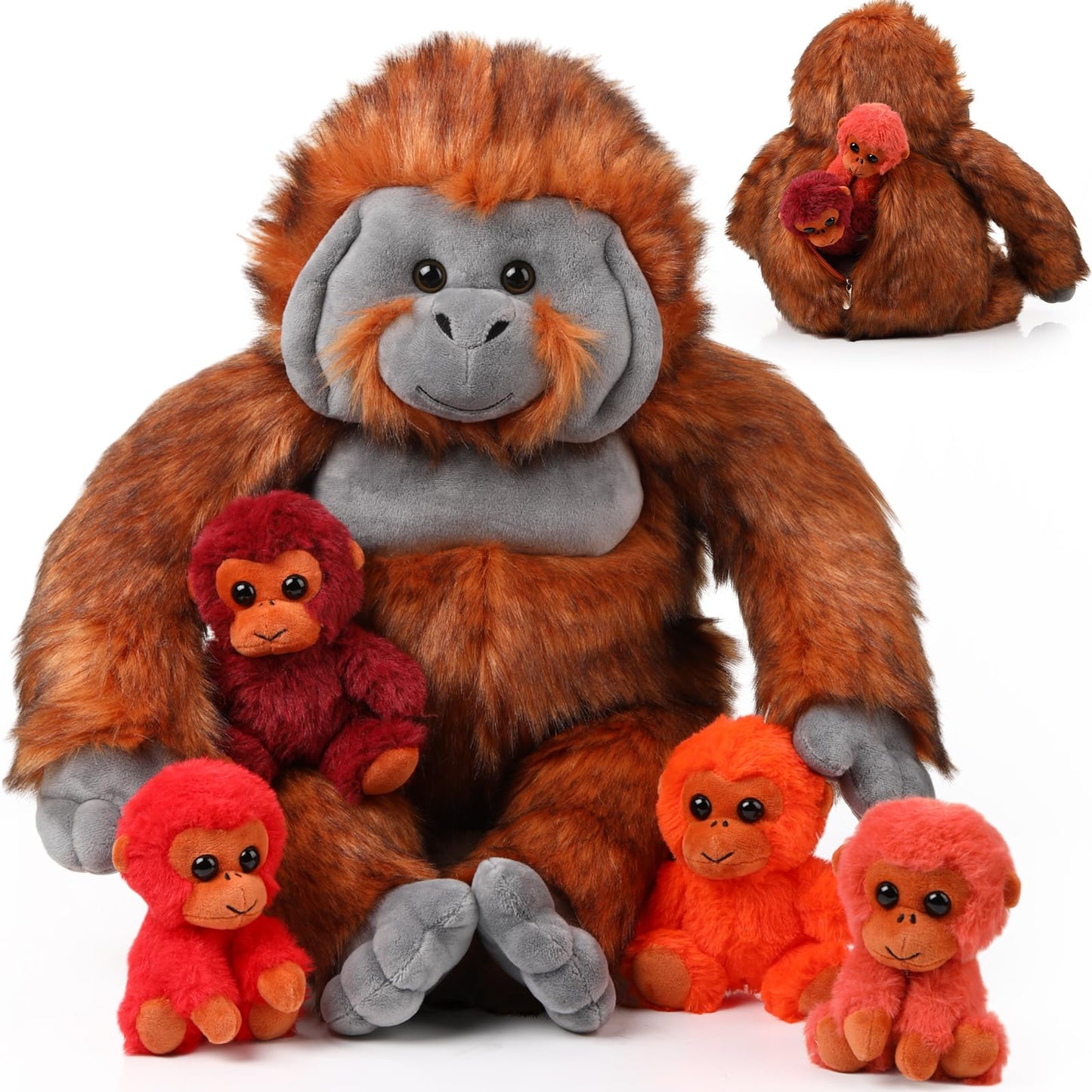 Lenwen 5 Pcs Plush Gorilla Orangutan Stuffed Animals Set 14 Inch Large Mommy Gorilla With 4 Baby Gorillas Zippered Gorilla Plush