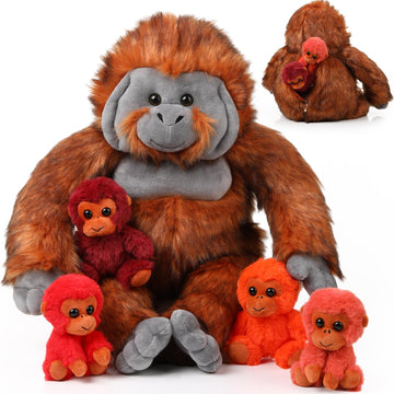 Lenwen 5 Pcs Plush Gorilla Orangutan Stuffed Animals Set 14 Inch Large Mommy Gorilla With 4 Baby Gorillas Zippered Gorilla Plush