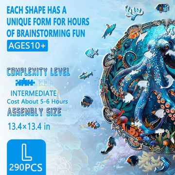 Wooden Puzzles for mature-themeds  Mystic Tentacles Wooden Jigsaw Puzzle  Wood Puzzles mature-themed  Unique Shaped Octopus Puzzle for mature-themeds  Fun Gifts & Home Decor (L-13.4 * 13.4in - 290 pcs)