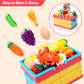 HOLYFUN Play Food Toy Set for Kids Kitchen, Shopping Basket with Cutting Fruit & Vegetables Accessories, Pot and Pan, Plastic Di