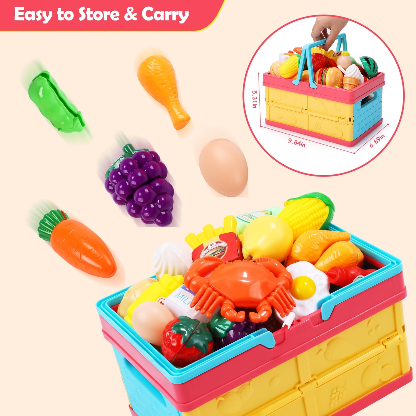 HOLYFUN Play Food Toy Set for Kids Kitchen, Shopping Basket with Cutting Fruit & Vegetables Accessories, Pot and Pan, Plastic Di