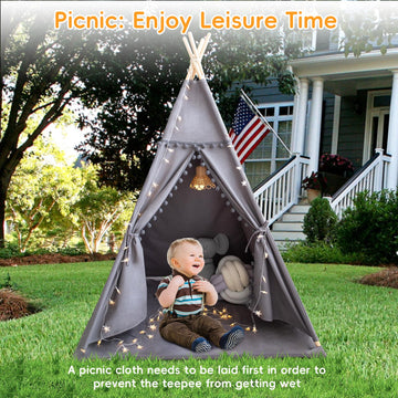 Rongfa Teepee Tent For Kids With Mat, Star Lights, Carry Case, Cotton Canvas Playhouse, Foldable Tents, Portable Children Play Tent Indoor Outdoor(Grey)