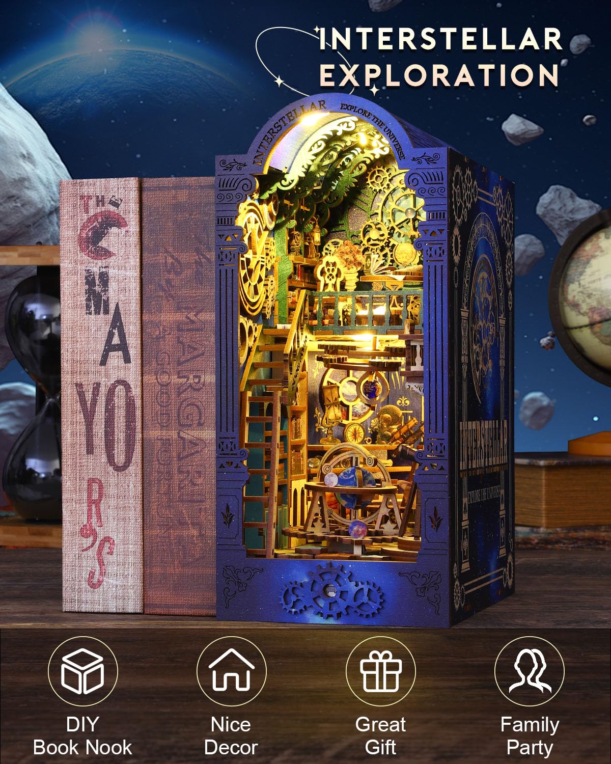 Ourmiao Book Nook Kit Interstellar, Diy Booknooks Kit For Adults Teens With Sensor Lights, Bookshelf Diorama Miniature Scenes In