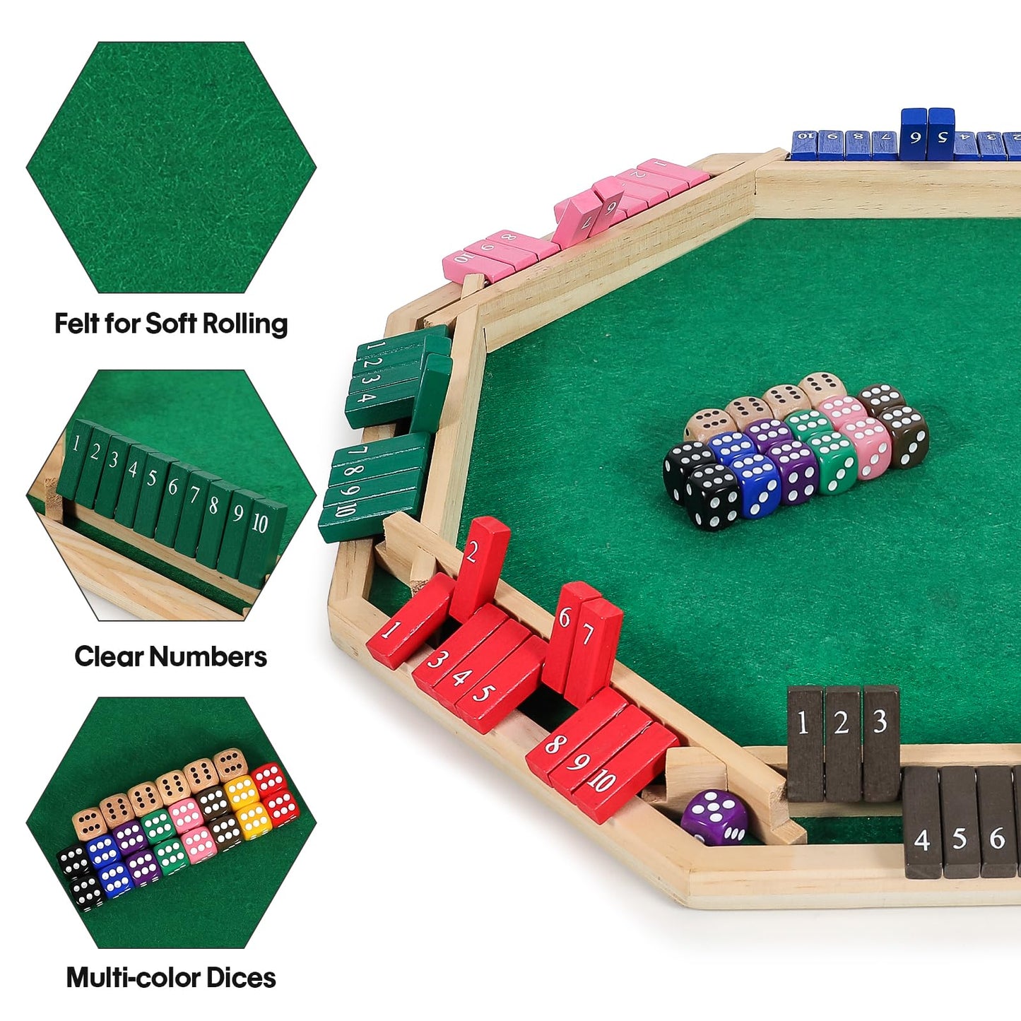Vamslove Colorful Shut The Box Dice Game for 2-8 Players - Wooden Board Math Game with 16 +6 Dices - Fun for Kids & Adults
