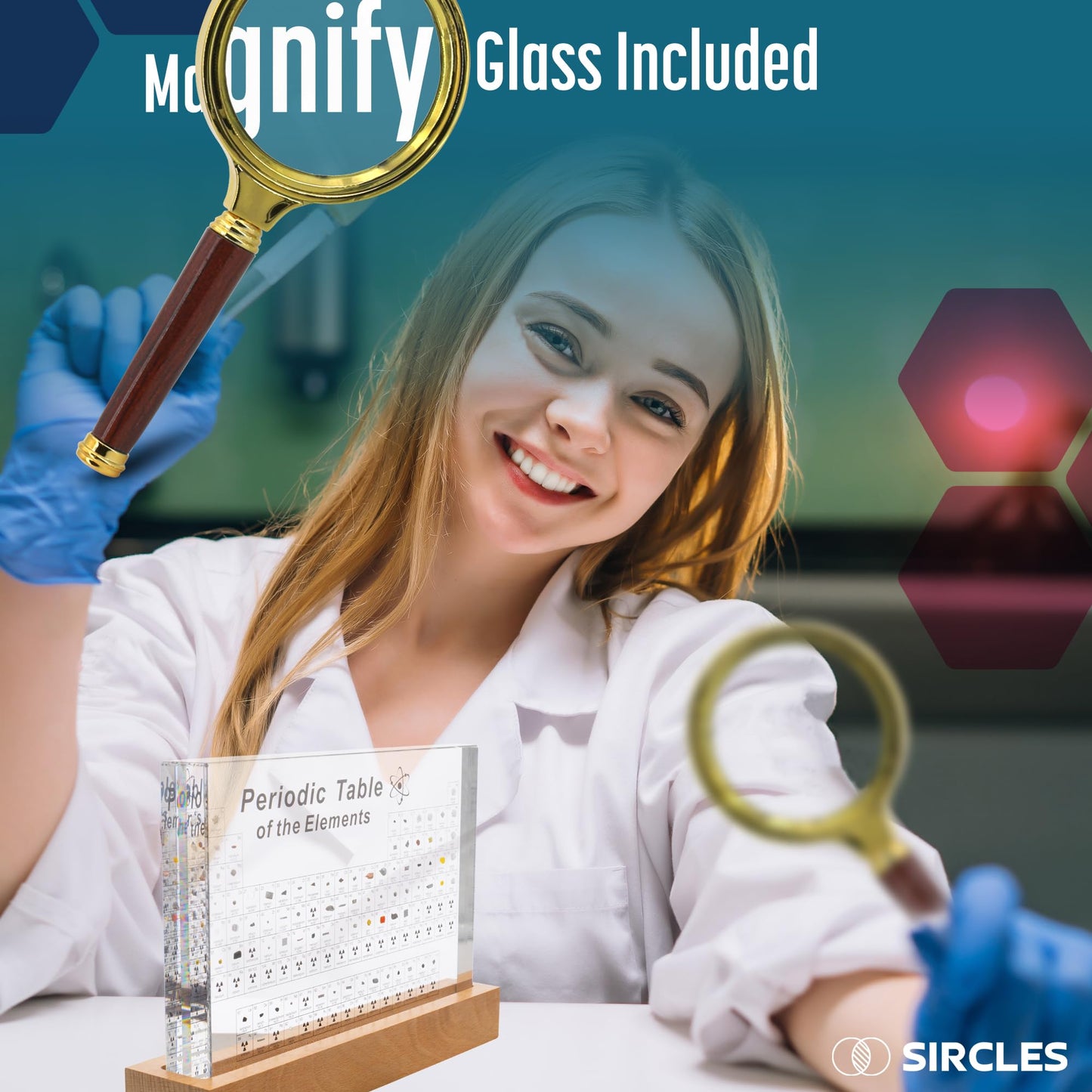 Sircles Periodic Table With Real Elements Inside - Includes Magnifying Glass, Wooden Stand, Tripod - Transparent Acrylic Glass -