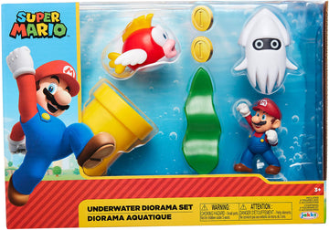 Nintendo Super Mario Underwater 2.5' Figure Diorama Play Set, Includes: Mario, Cheep-Cheep, Blooper, Mechanical Warp Pipe, Spinning Water Plant & Two Coins