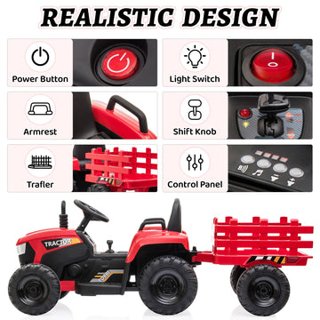 Tobbi 12V Battery-Powered Toy Tractor With Trailer And 35W Dual Motors,3-Gear-Shift Ground Loader Ride On With Led Lights And Usb Audio Functions In Red